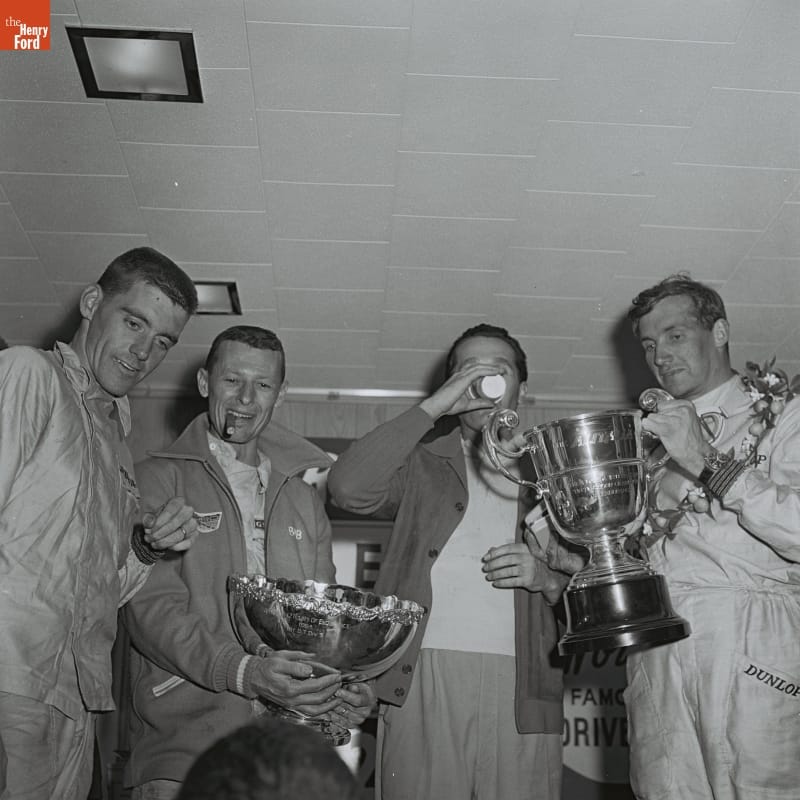 Dave Macdonald, Bob Holbert, Umberto Maglioli and Mike Parkes at Awards Ceremony After the 12 Hours of Sebring Race, March 1964