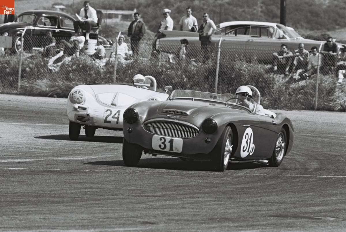 Porsche Driven by Ed Barker and Austin Healey Driven by Ronnie Bucknum in the Del Mar Road Races, April 1962