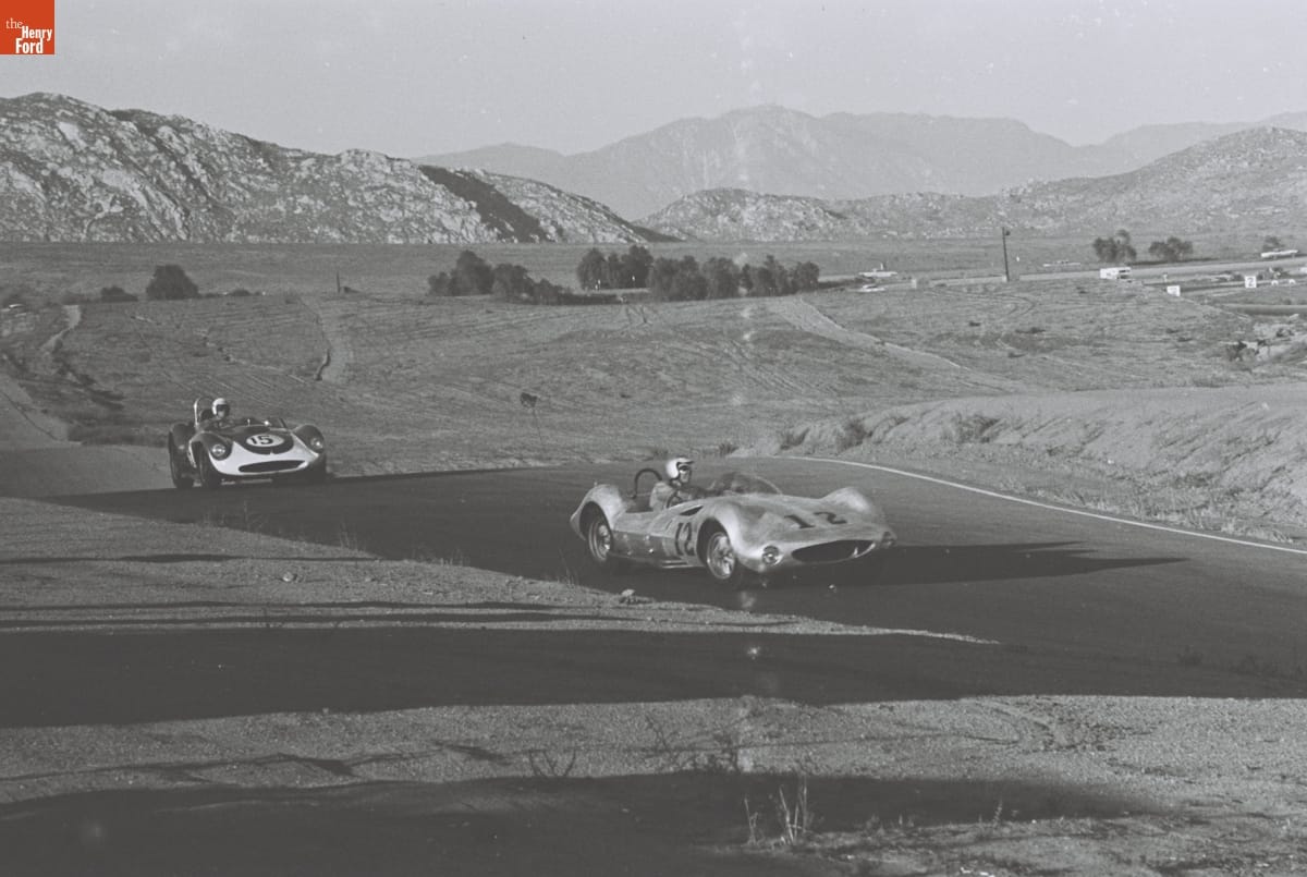Cars Driven by Chuck Daigh and Harry Heuer during Practice before the 4th Annual Grand Prix for Sports Cars, Riverside, California, October 1961