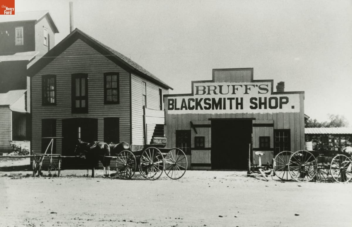 Exterior of Bruff's Blacksmith Shop, Pierce City, Missouri. circa 1890