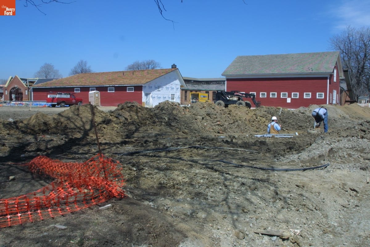 William Ford Barn and Carriage Barn during the Greenfield Village Restoration Project, April 2003