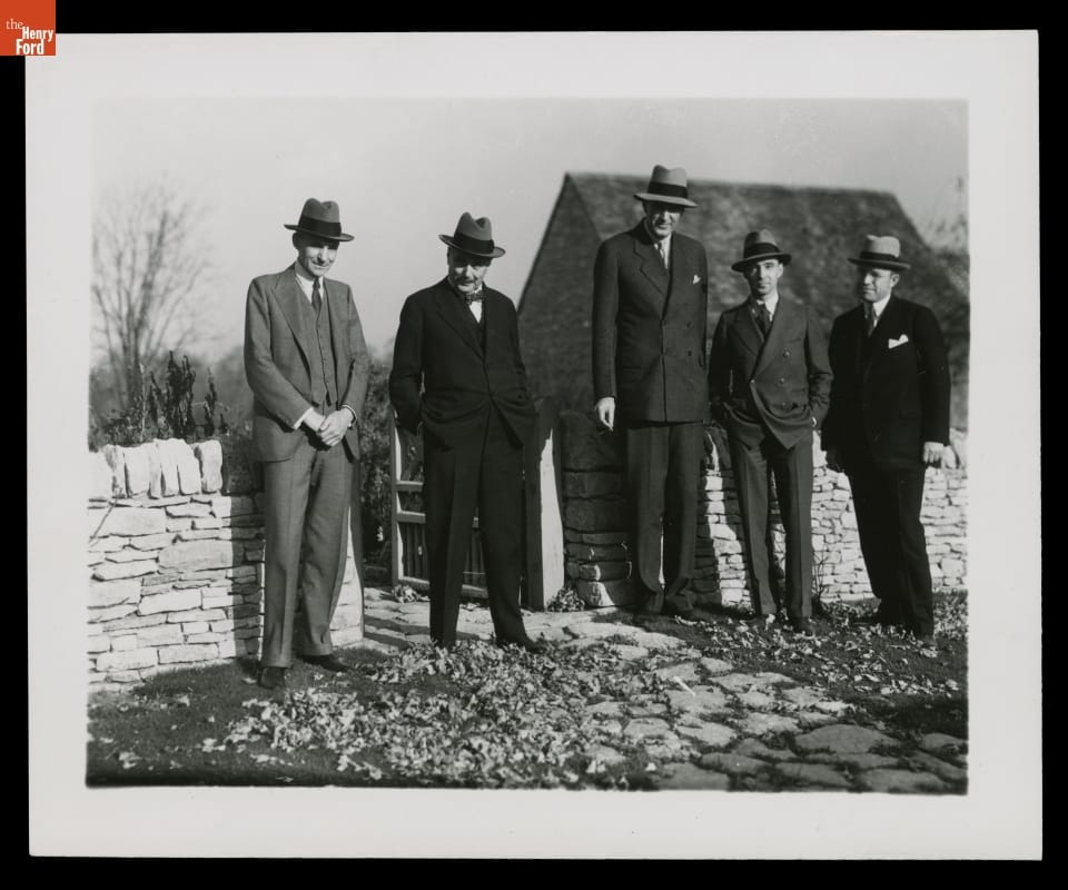 Henry Ford, H. G. Wells, Edsel Ford and Others at Cotswold Cottage in Greenfield Village, 1931