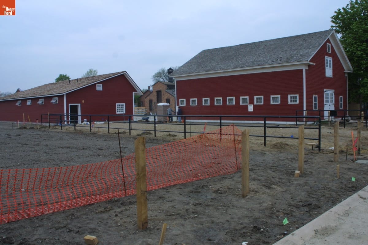 Carriage Barn and William Ford Barn during the Greenfield Village Restoration Project, May 2003