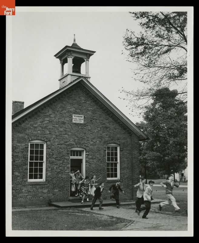 Children outside Scotch Settlement School, Greenfield Village, 1953