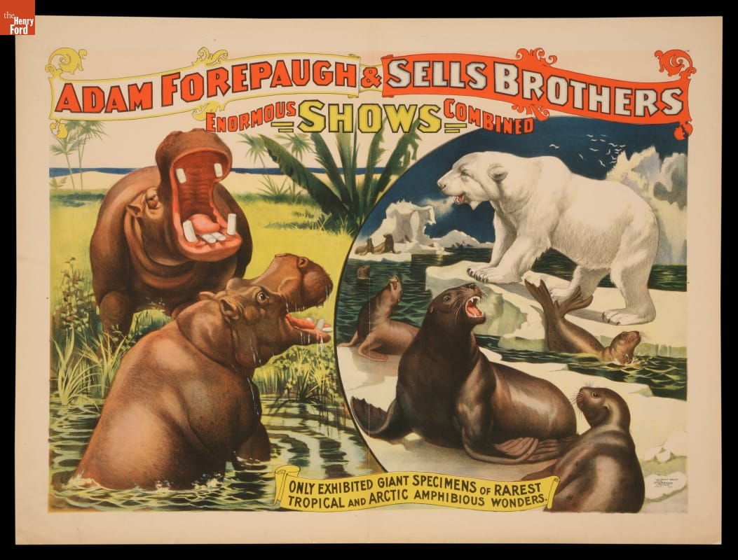 Circus Poster, Adam Forepaugh & Sells Brothers Circus Presents "Giant Specimens of Rarest Tropical and Arctic Amphibious Wonders," 1896