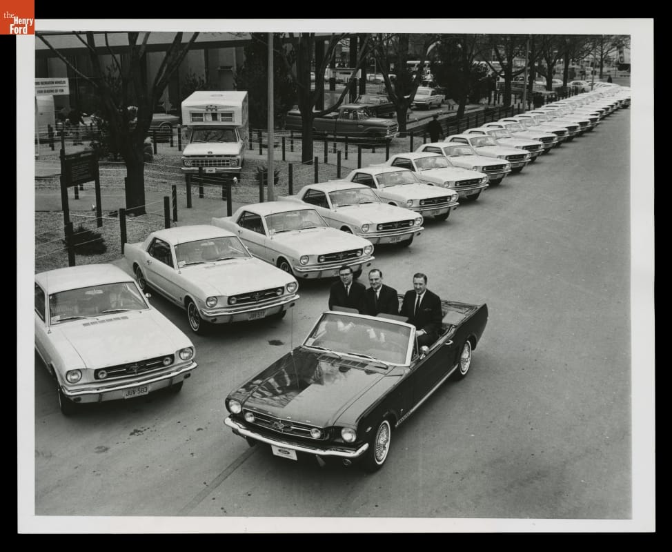 Donald Frey, Lee Iacocca and Henry Ford II at the New York World's Fair, First Anniversary of the Mustang, April 15, 1965