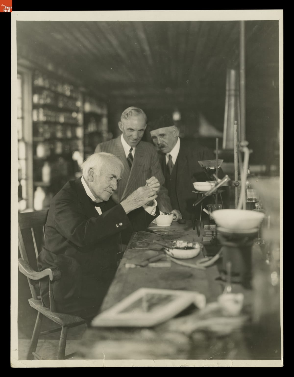 Thomas Edison, Henry Ford, and Francis Jehl in Menlo Park Laboratory during Light's Golden Jubilee, October 1929