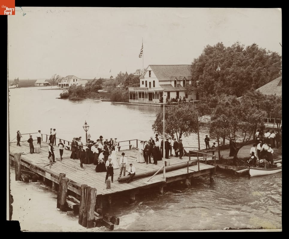 Resort Sightseers on the Dock of Gus. Trautz's Hotel, St. Clair Flats, Michigan, circa 1905