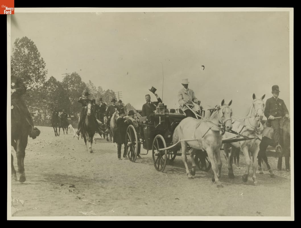 Theodore Roosevelt Waving to Spectators at a Parade, circa 1910