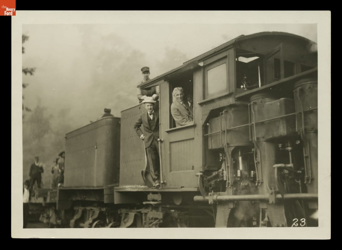 Henry Ford and Harvey Firestone on a Locomotive during a "Vagabonds" Camping Trip, 1918