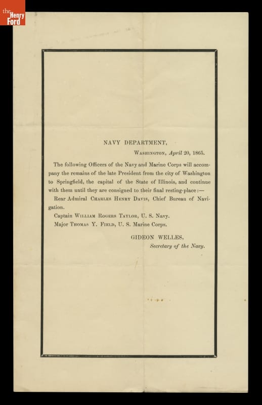 Order from U.S. Navy Secretary Gideon Welles Naming Officers to Accompany President Lincoln's Funeral Train, April 20, 1865