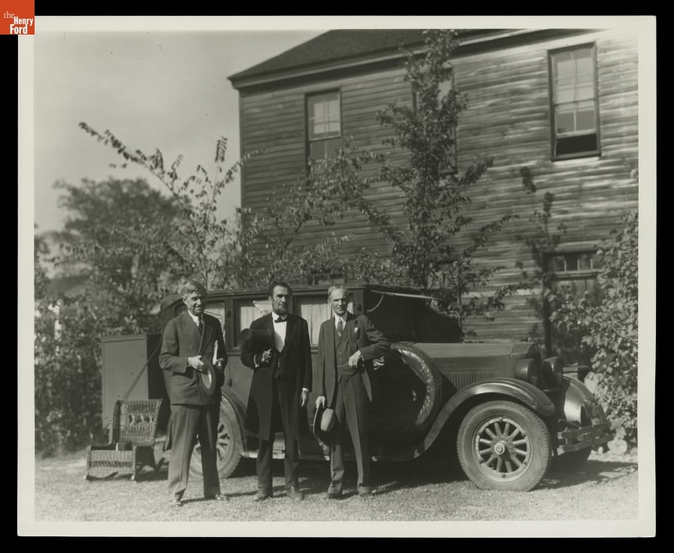 Will Rogers, Charles Roscoe Miles, and Henry Ford in Greenfield Village, October 1934