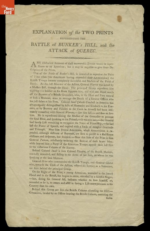 "Explanation of the Two Prints Representing the Battle of Bunker's Hill and the Attack of Quebec," 1785-1798