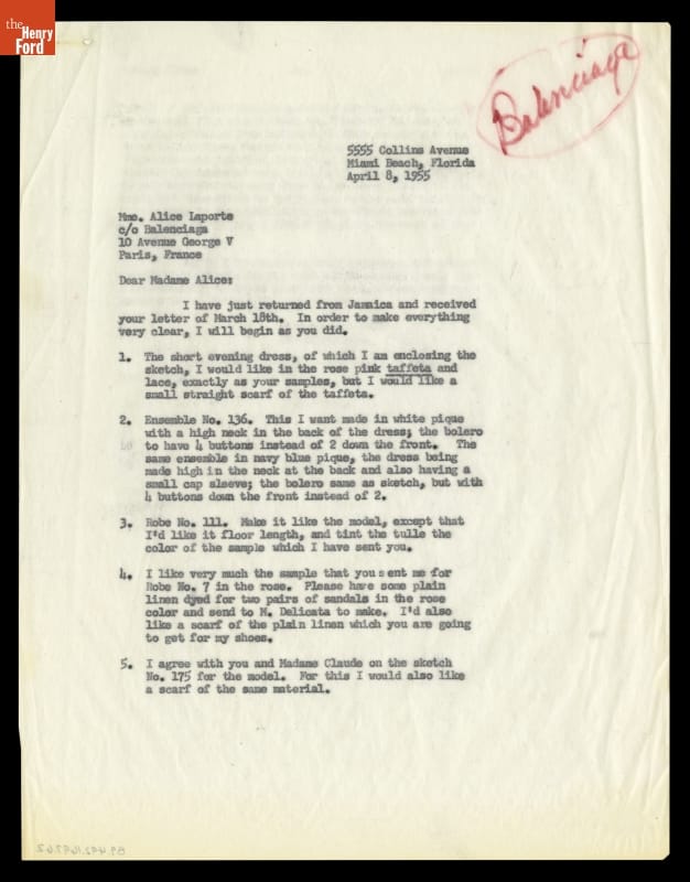 Letter from Elizabeth Parke Firestone to Mme. Alice Laporte (for Balenciaga), April 8, 1955
