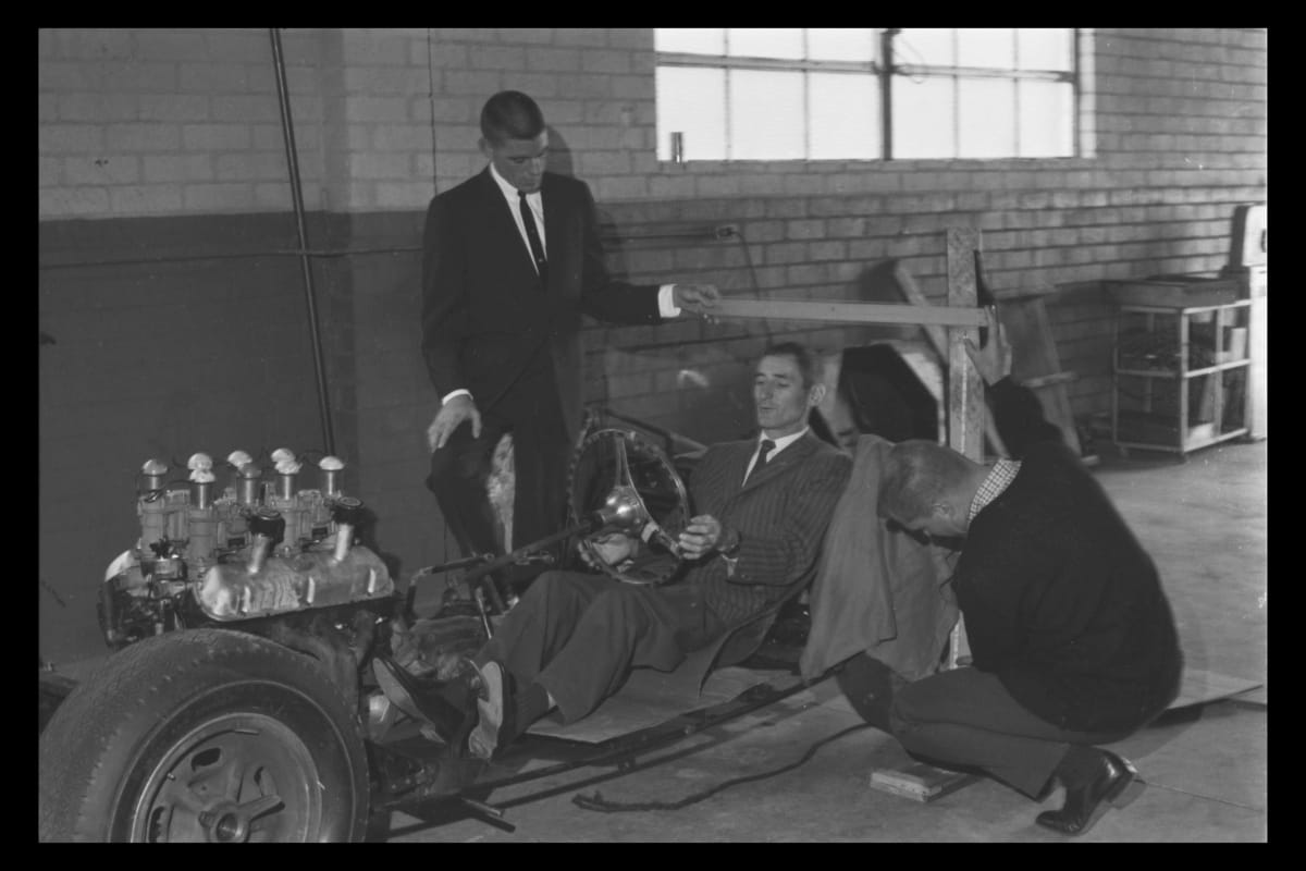 Dave MacDonald, Ken Miles, and Pete Brock Taking Measurements Used in Designing the Shelby Cobra Daytona Coupe, 1963-1964