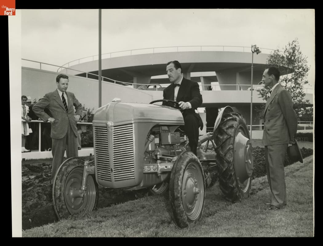 Harry Ferguson, Grover Whalen, and Edsel Ford with Ford Tractor at New York World's Fair, 1939