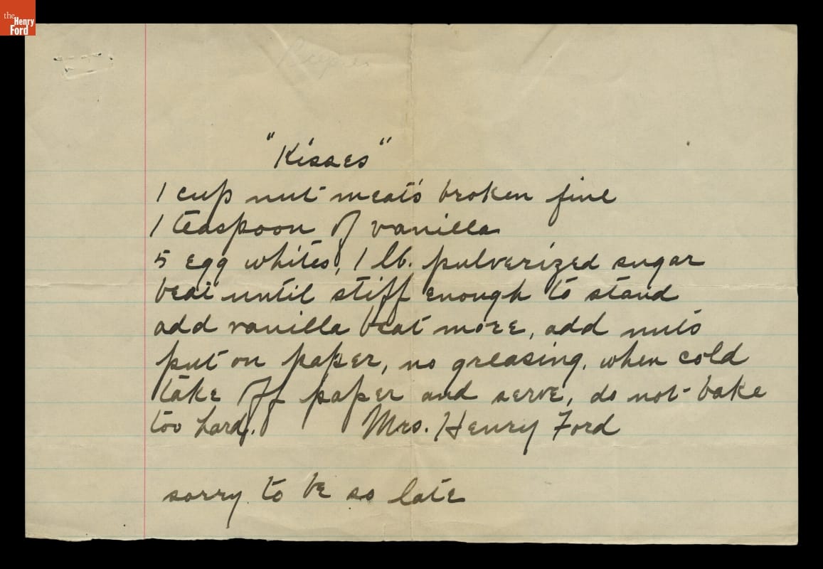 Recipe for "Kisses," Handwritten by Clara Ford, 1920-1945