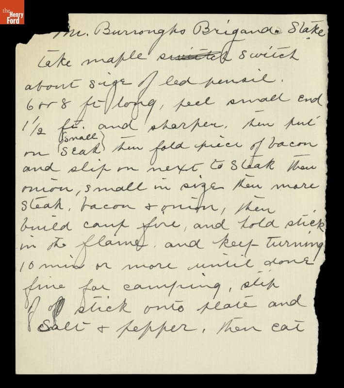 Recipe for "Mr. Burroughs' Brigand Steak," Handwritten by Clara Ford, 1914-1921