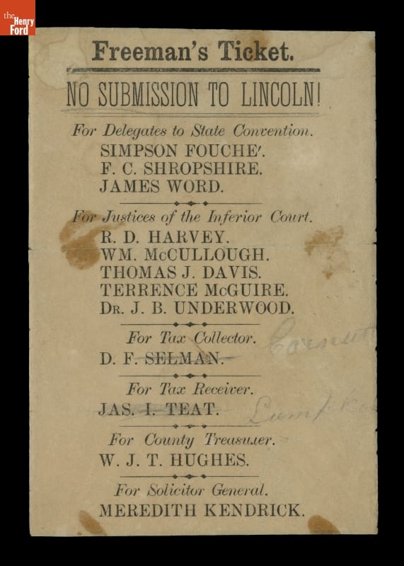 Election Ballot for Georgia Secession Convention Delegates, Freeman's Ticket, 1861