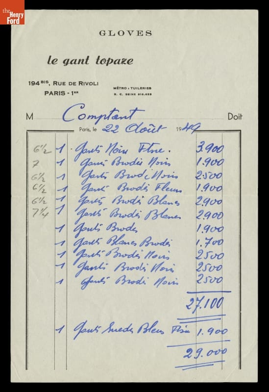 Receipt for Gloves, Le Gant Topaze, Paris, 1949