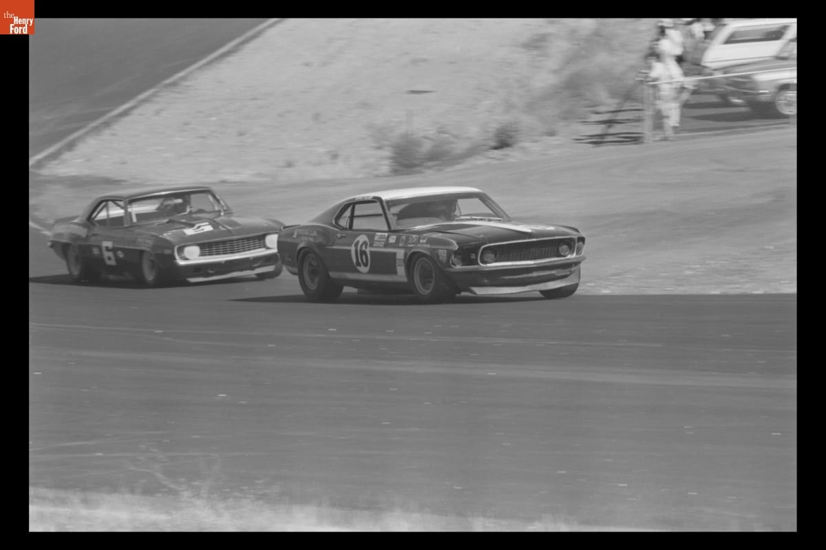 Ford Mustang and Chevrolet Camaro Race Cars at Sears Point Trans-Am Race, September 1969