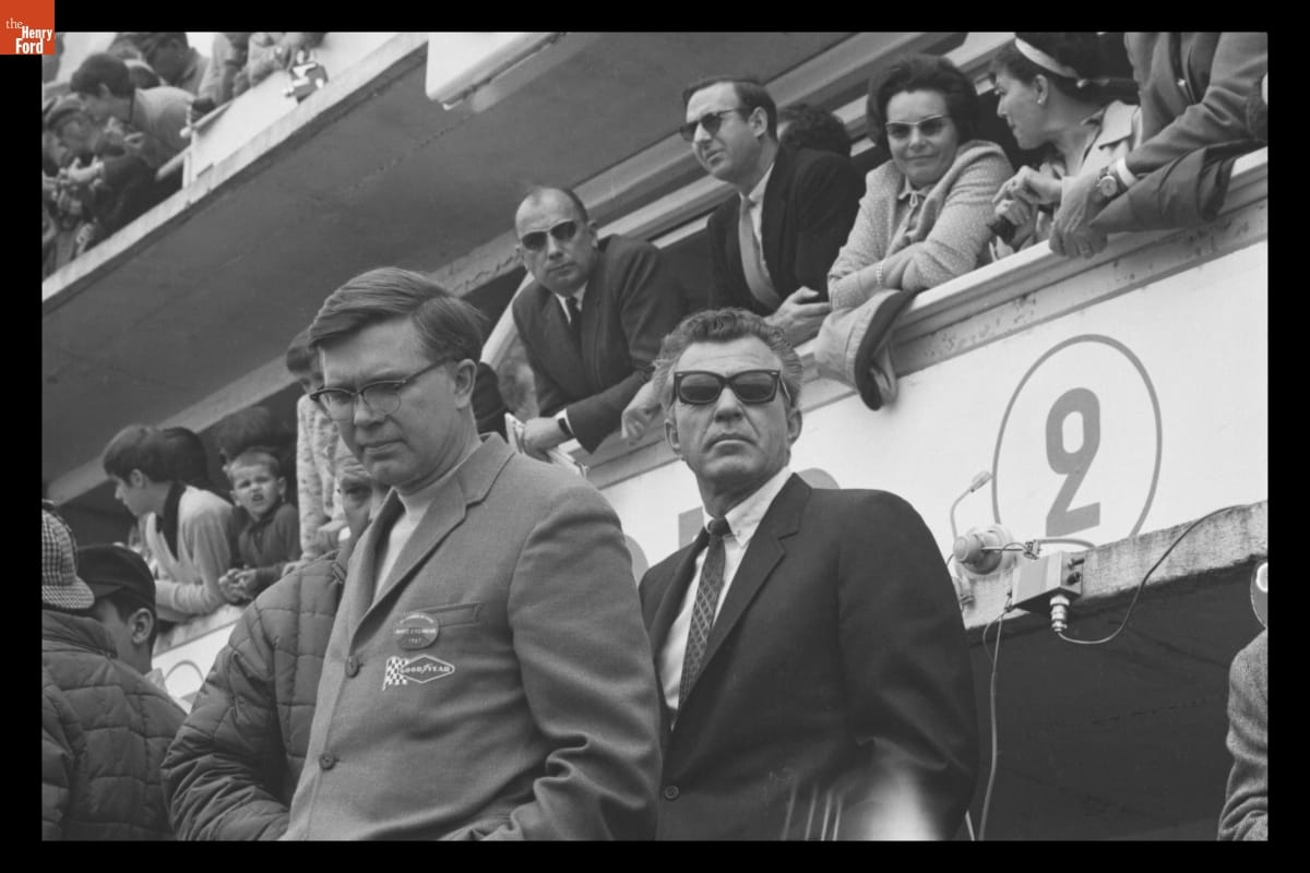 Donald Frey and Carroll Shelby at the 24 Heures du Mans (24 Hours of Le Mans) Race, June 1967