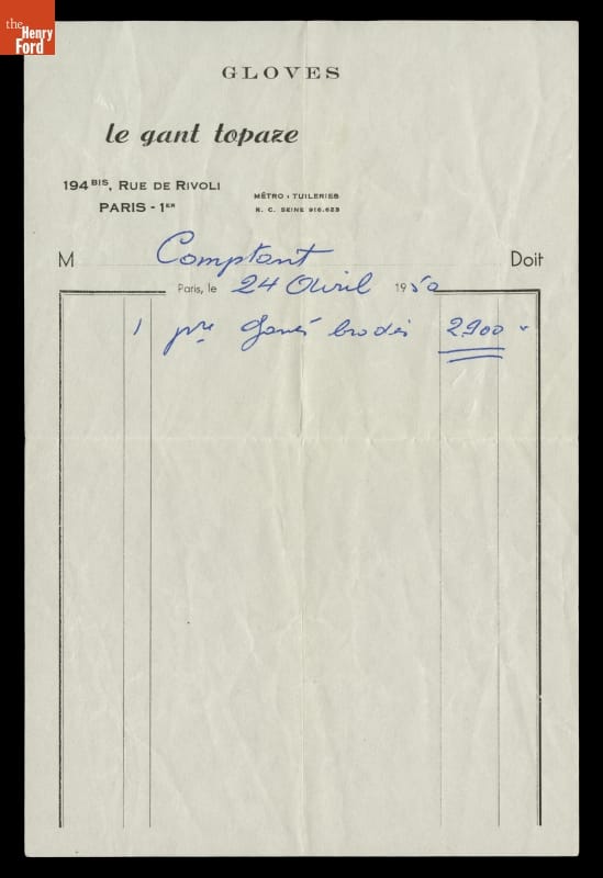 Receipt for Gloves, Le Gant Topaze, Paris, 1950