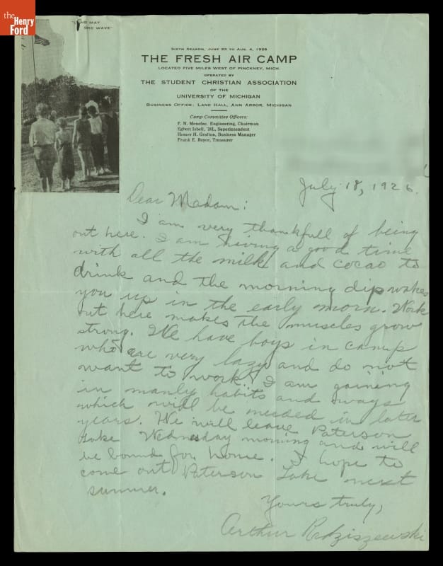 Letter from Arthur Radziszewski at Fresh Air Camp to Eleanor Clay Ford, July 18, 1926