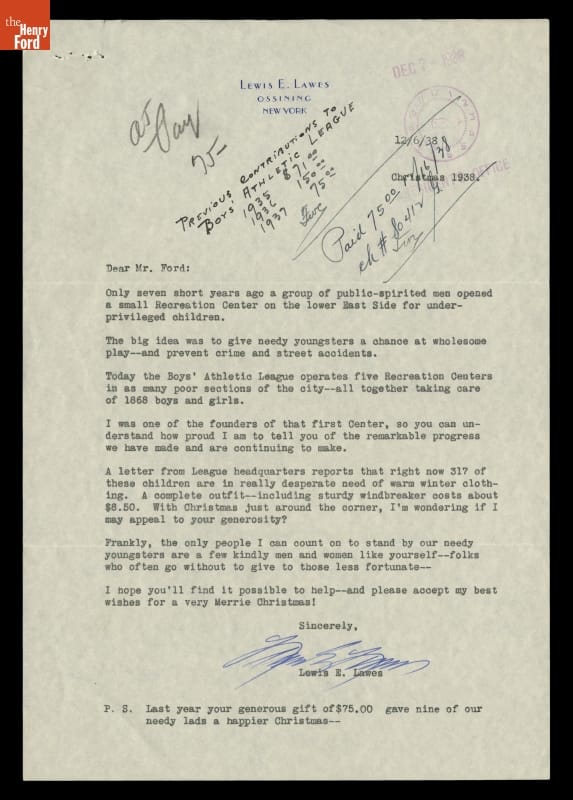 Fundraising Letter from Lewis E. Lawes, Boys' Athletic League, to Edsel Ford, December 6, 1938