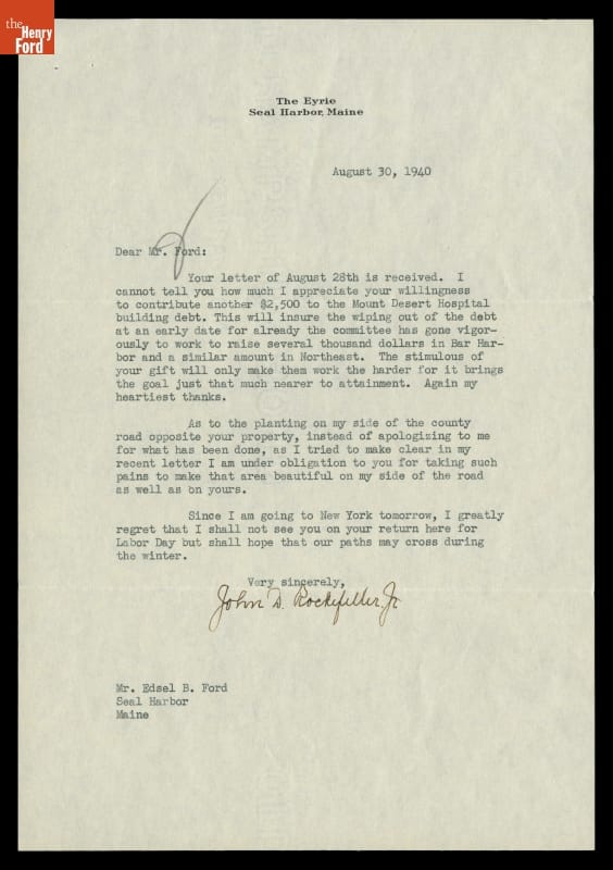 Letter of Thanks from John D. Rockefeller, Jr. to Edsel Ford for Donation to the Mount Desert Hospital, August 30, 1940