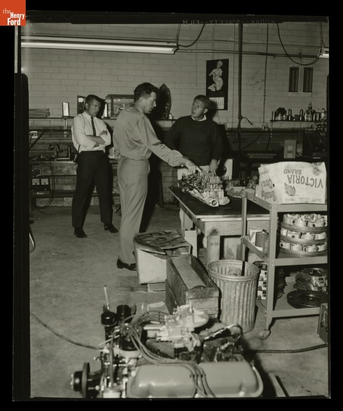 Carroll Shelby and Steve McQueen at Shelby-American International Shop, June 1963
