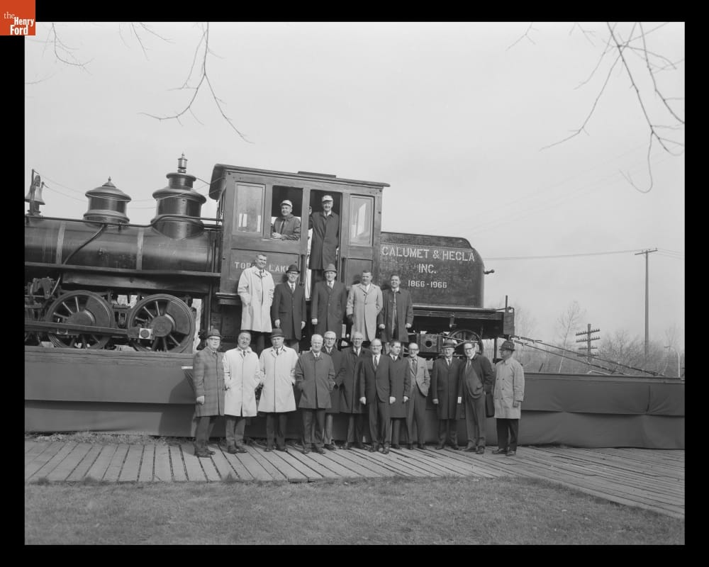Universal Oil Products Representatives and Henry Ford Museum Staff with the Torch Lake Locomotive, November 1969
