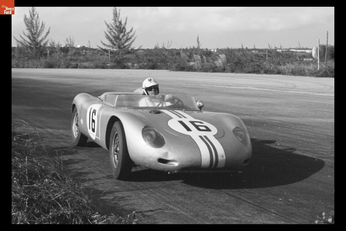 Chuck Cassel Driving Porsche Race Car during Bahamas Speed Weeks, November 27 - December 10, 1961