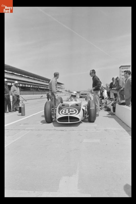Bill Cheesbourg in "Mickey Thompson Harcraft Special" Race Car at Indianapolis 500, May 1963