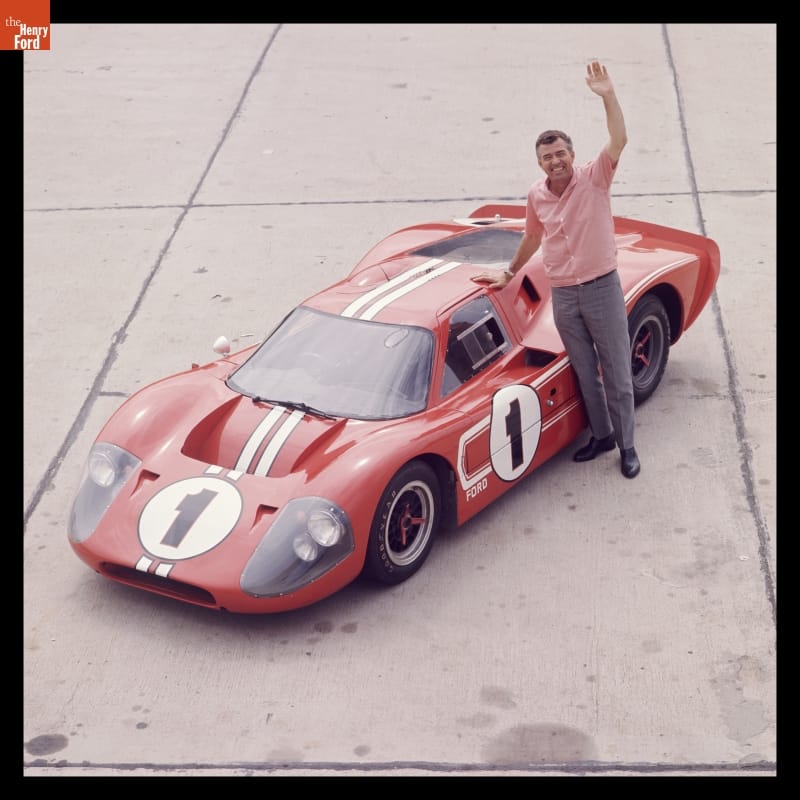 Carroll Shelby with Ford Mark IV Race Car at Shelby-American Production Facility, Los Angeles, California, June 1967
