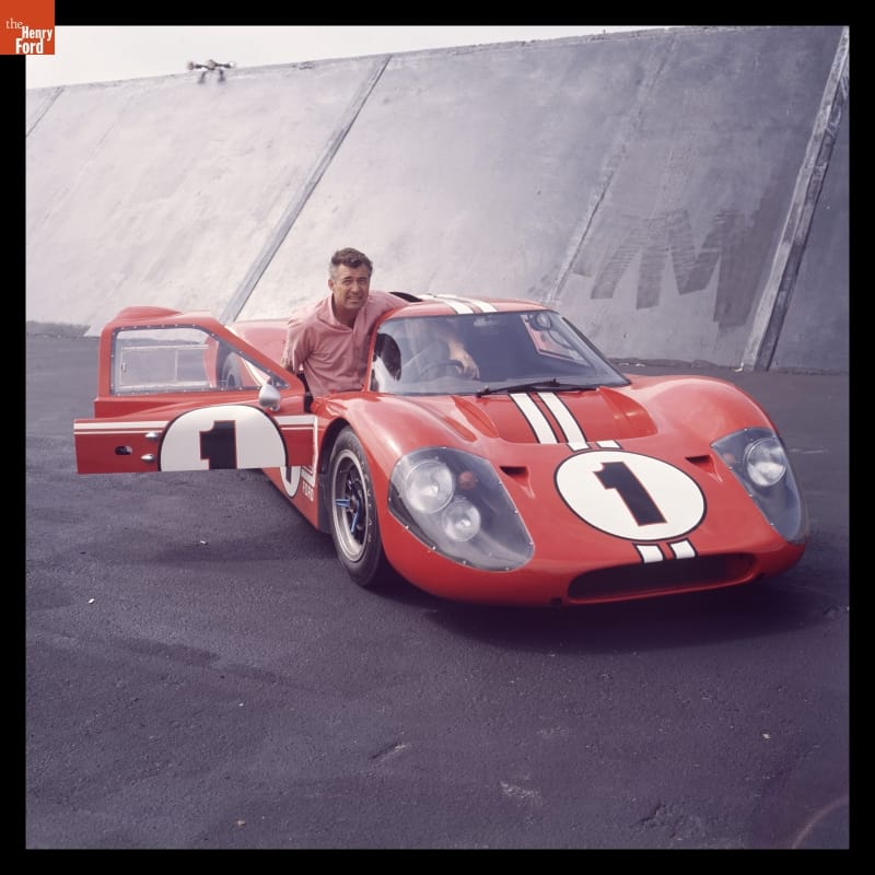 Carroll Shelby with Ford Mark IV Race Car at Shelby-American Production Facility, Los Angeles, California, June 1967
