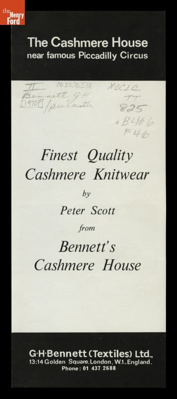 Trade Catalog, "Finest Quality Cashmere Knitwear by Peter Scott from Bennett's Cashmere House," circa 1970