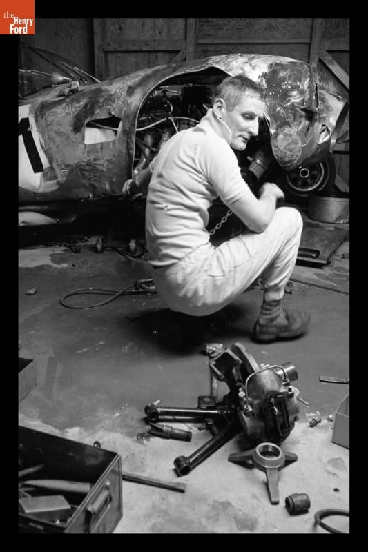 Ken Miles and Mechanics Working on Shelby Cobra 427 Damaged during Practice Before 12 Hours of Sebring Race, March 1964