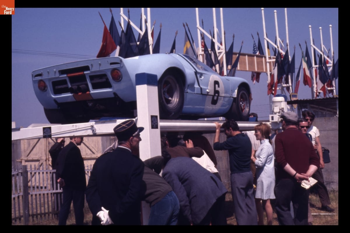 Ford GT40 Mark I Up on Inspection Lift at 24 Hours of Le Mans Race