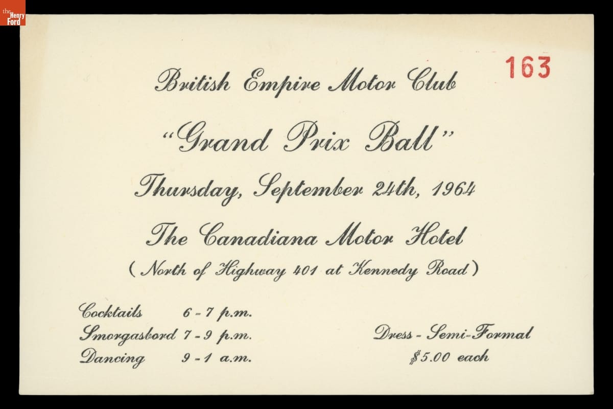 Ticket to "Grand Prix Ball" at the Canadiana Motor Hotel, September 24, 1964