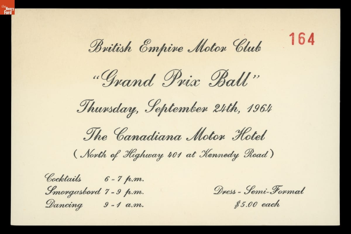 Ticket to "Grand Prix Ball" at the Canadiana Motor Hotel, September 24, 1964