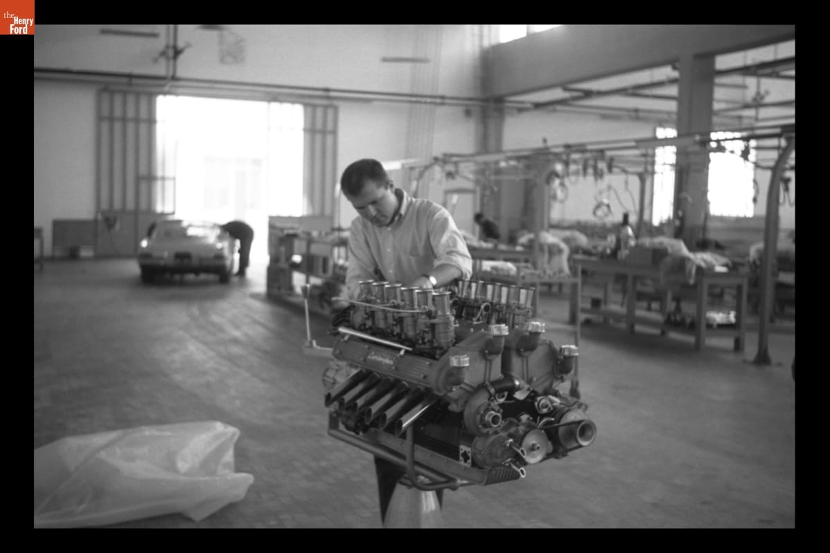Engineer Working on V-12 Engine at Automobili Lamborghini Factory, 1964