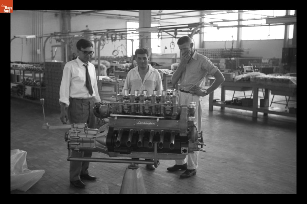 Ferruccio Lamborghini and Engineers with V-12 Engine at Automobili Lamborghini Factory, 1964