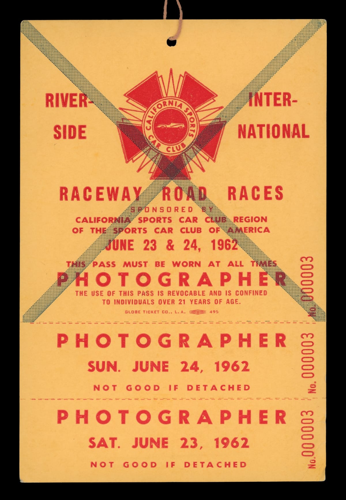 Photographer's Pass for Raceway Road Races, Riverside, California, June 1962