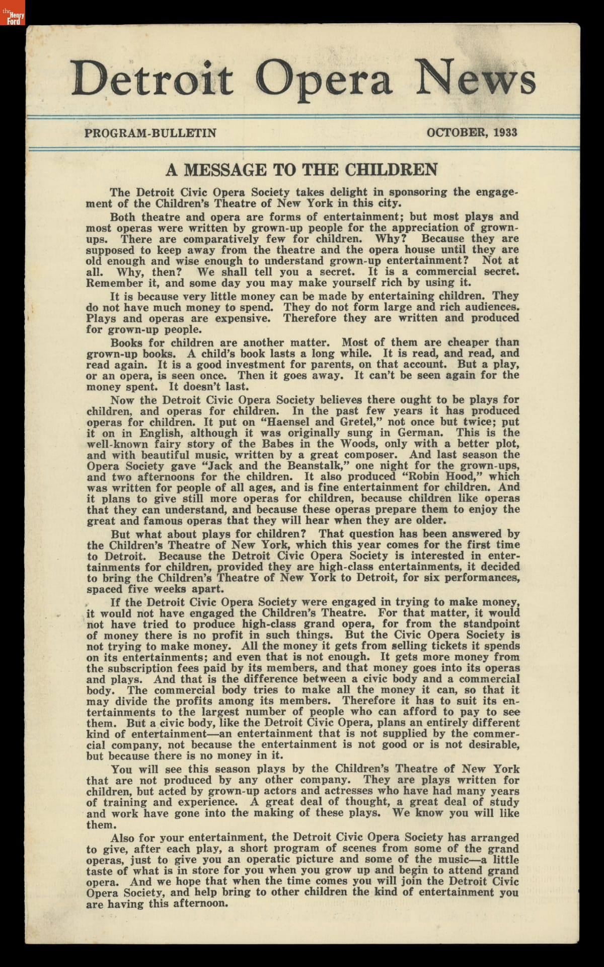 "Detroit Opera News," October 1933