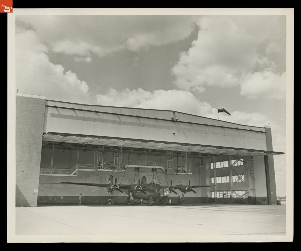 Fueling B-24 Liberator in Hangar/Gas House at Ford Motor Company Willow Run Bomber Plant, July 1944