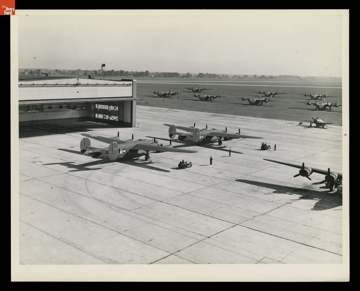 B-24 Liberators outside Hangar/Gas House at Ford Motor Company Willow Run Bomber Plant, September 1943