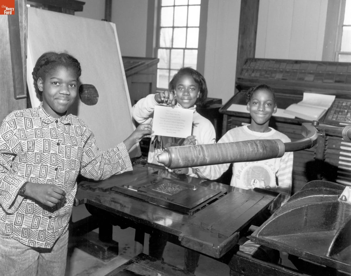Elementary School Students in the Printing Office in Greenfield Village, March 9, 1990
