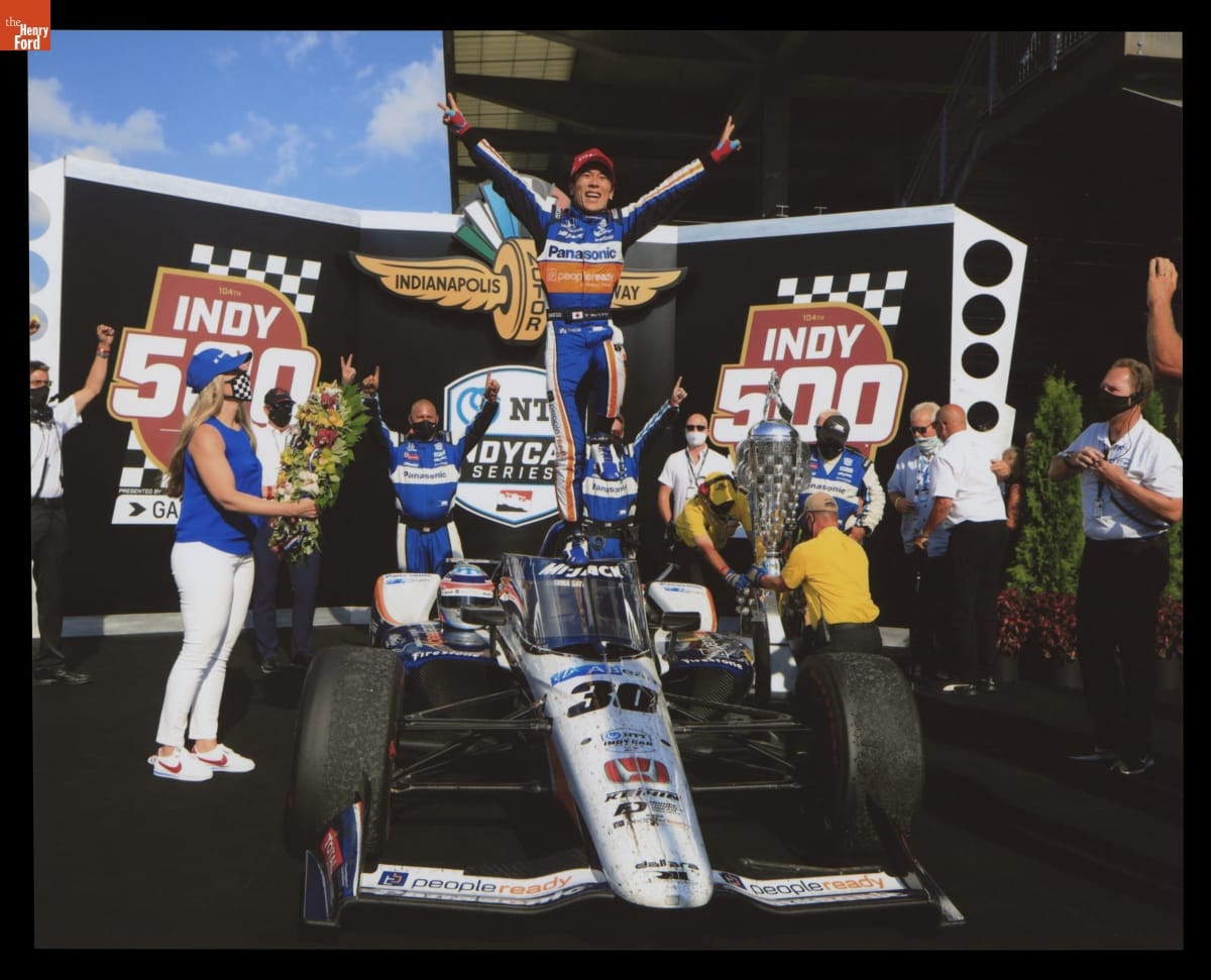 Driver Takuma Sato after Winning the 2020 Indianapolis 500 Race, August 23, 2020