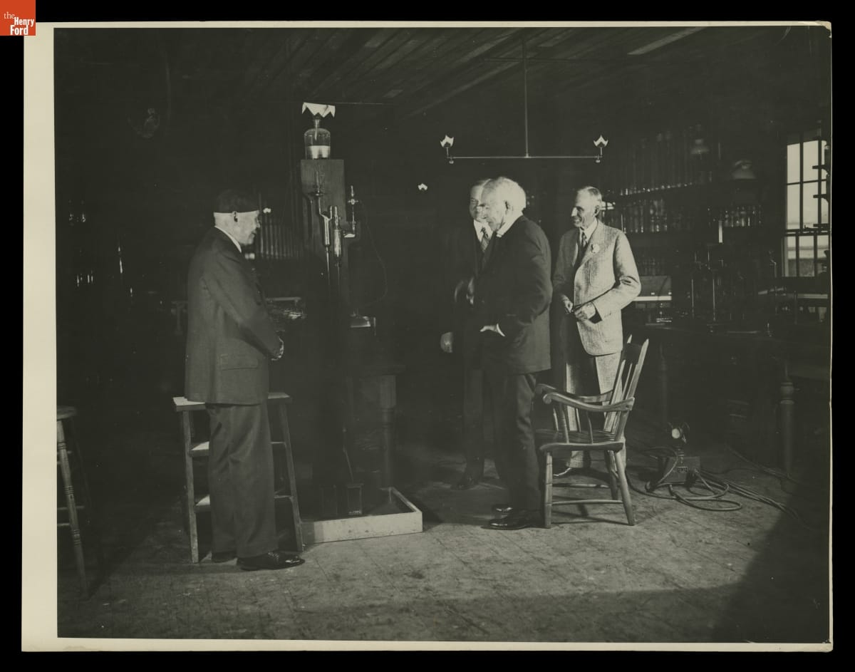 Francis Jehl, Thomas Edison, President Herbert Hoover, and Henry Ford at Menlo Park Laboratory in Greenfield Village, 1929